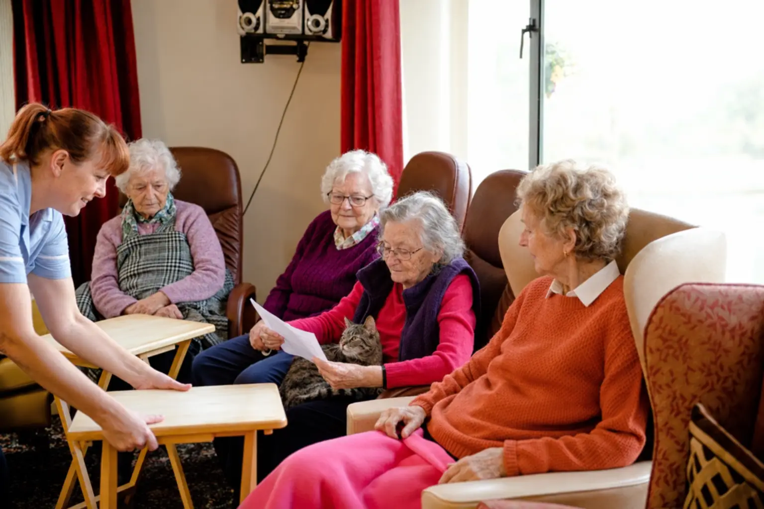 Residents reading in their armchairs in the lounge as a carer sets out small tables beside them