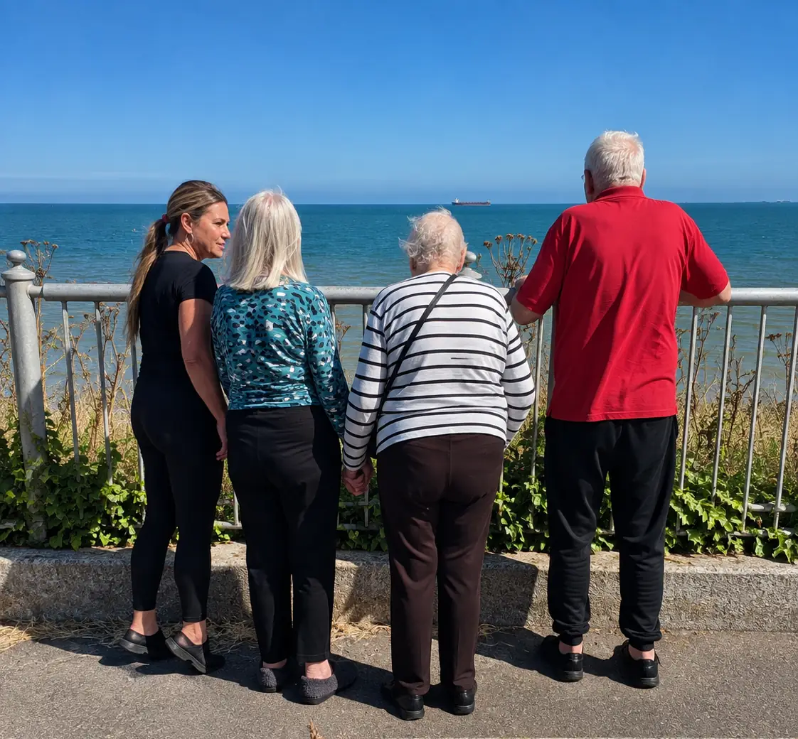 Three residents and a member of the team at the seafront railings, looking out over a calm blue sea with a ship on the horizon